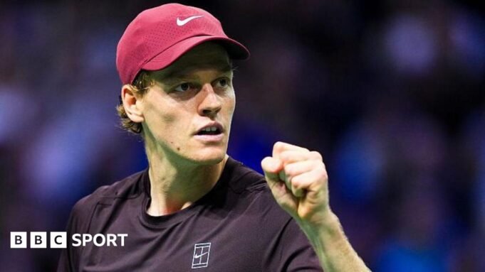 Jannik Sinner clenches his fist during his win over Ben Shelton at the Paris Masters in 2024