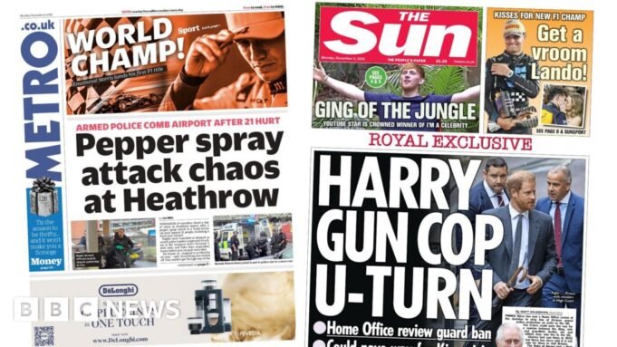 The Papers: Heathrow «επίθεση με σπρέι πιπεριού» και «Harry gun The Papers: Heathrow «επίθεση με σπρέι πιπεριού» και «Harry gun cop U-turn»
| presscode.gr